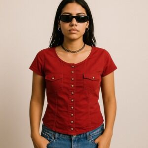 Vintage Y2K Gitano Red Fitted Button Down Shirt Womens M Short Sleeve Cotton Top